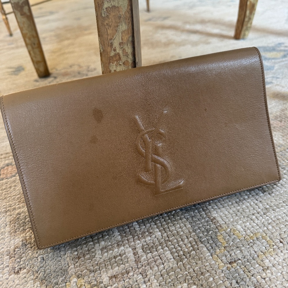 YSL tan leather clutch